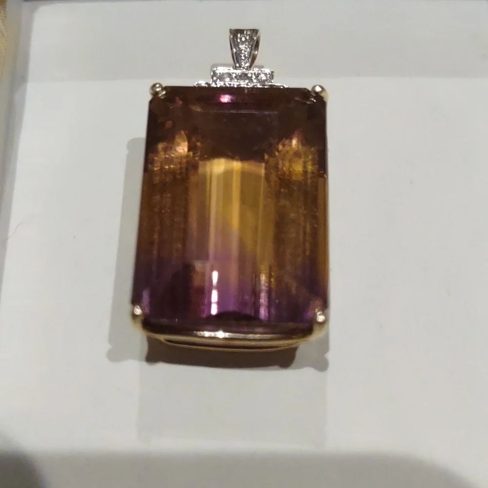 Ametrine Stone pendant amethyst, citrine stone, 14 kt yellow gold diamon…
